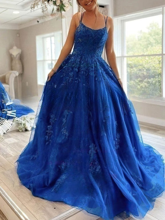 Gorgeous Ball Gown Scoop Neck Tulle Prom Dress with Sweep Train and Appliques Lace