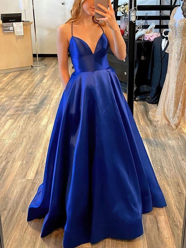 A-line V-neck Satin Sweep Train Pockets Prom Dress