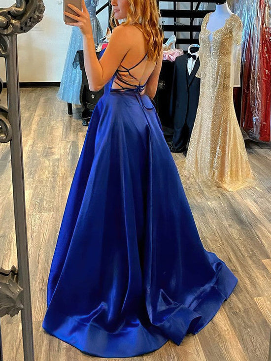 A-line V-neck Satin Sweep Train Pockets Prom Dress