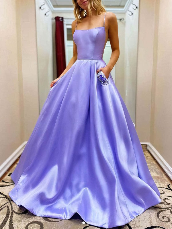 Princess Floor-length Square Neckline Satin Beading Prom Dress