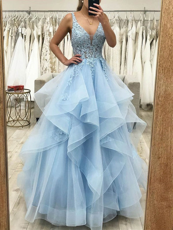 V-neck Lace Organza Beading Prom Dress - Ball Gown/Princess Floor-length