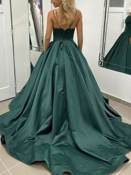 V-neck Satin Pockets Prom Dresses with Ball Gown/Princess Sweep Train