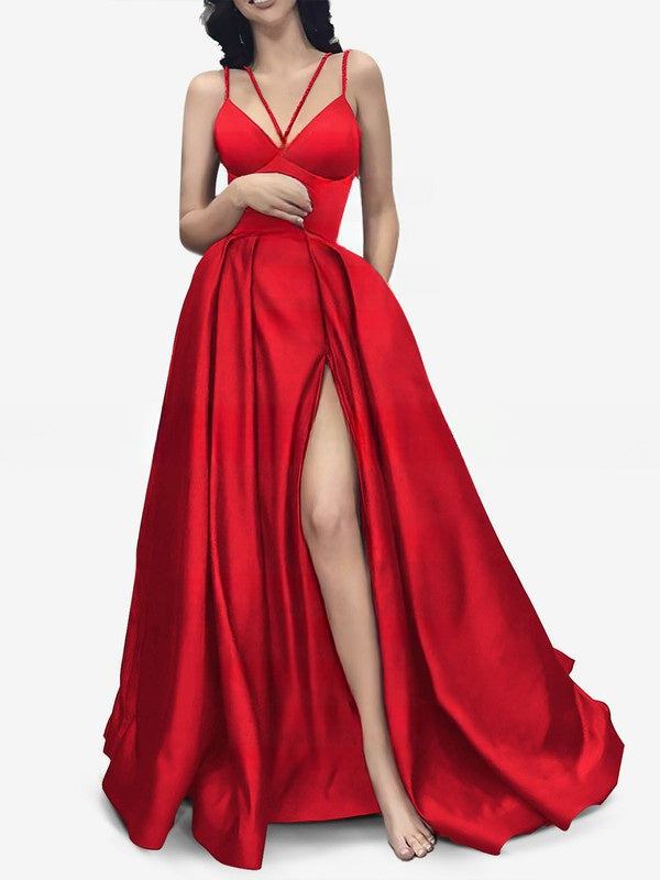 V-neck Satin Pockets Prom Dresses with Ball Gown/Princess Sweep Train