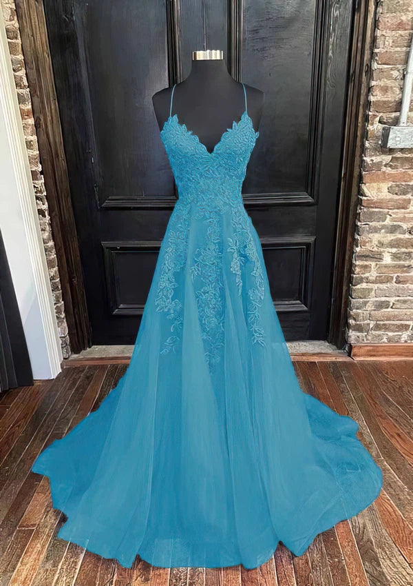 V-neck Tulle Ball Gown Prom Dresses with Beading and Sweep Train