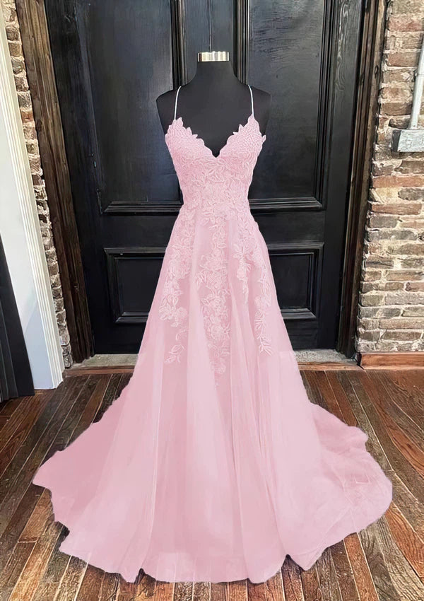 V-neck Tulle Ball Gown Prom Dresses with Beading and Sweep Train