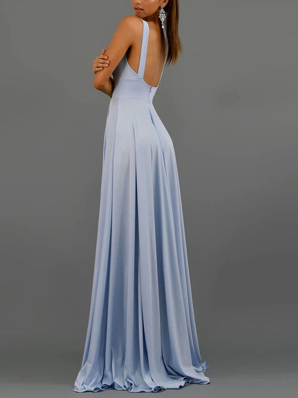 V-neck Jersey Sleeveless Split Front Prom Dress with A-line Sweep Train