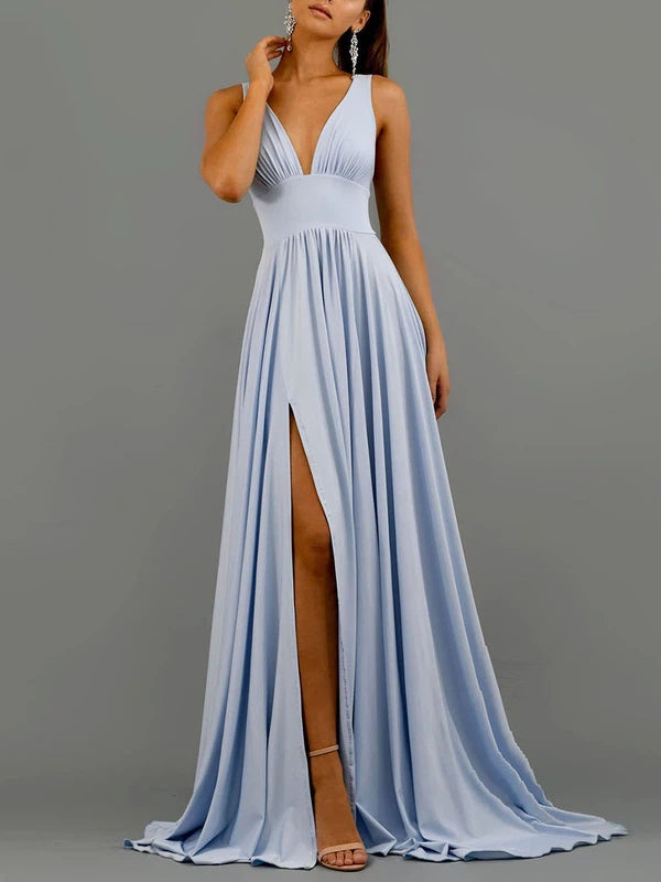 V-neck Jersey Sleeveless Split Front Prom Dress with A-line Sweep Train