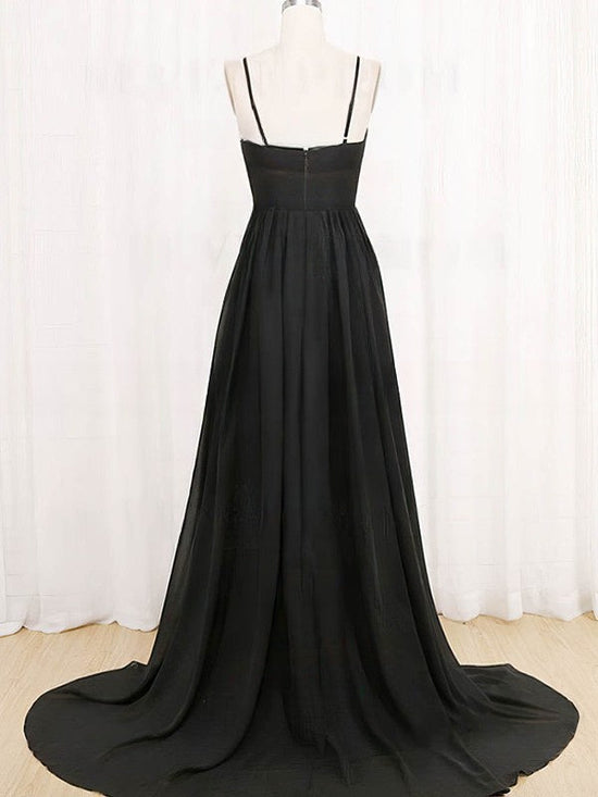 A-line V-neck Split Front Prom Dresses in Silk-like Satin and Sweep Train