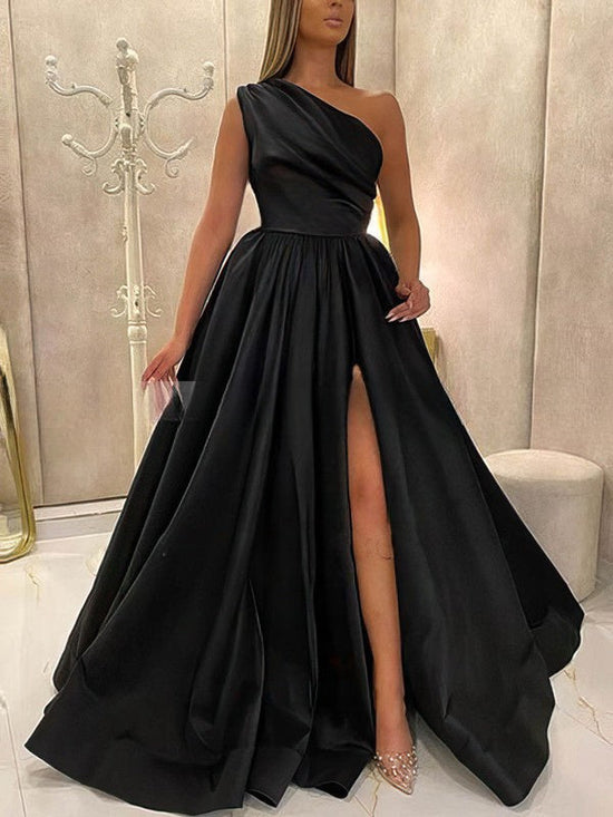 One Shoulder Satin Ruffles Prom Dress with Ball Gown/Princess Sweep Train