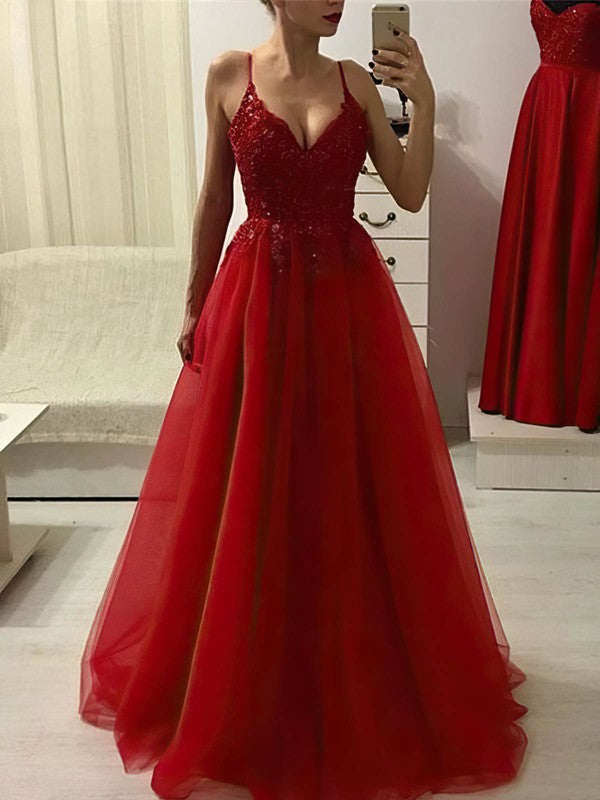 A-line V-neck Tulle Sweep Train Appliques Lace Prom Dress