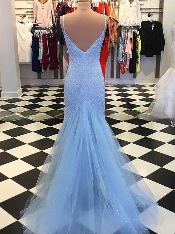 Sequined Tulle V-neck Sheath Prom Dress with Sweep Train