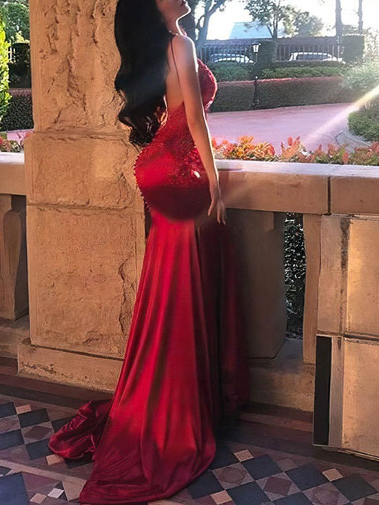 Silk-like Satin Prom Dress with V-neck and Trumpet/Mermaid Sweep Train, Beading Details