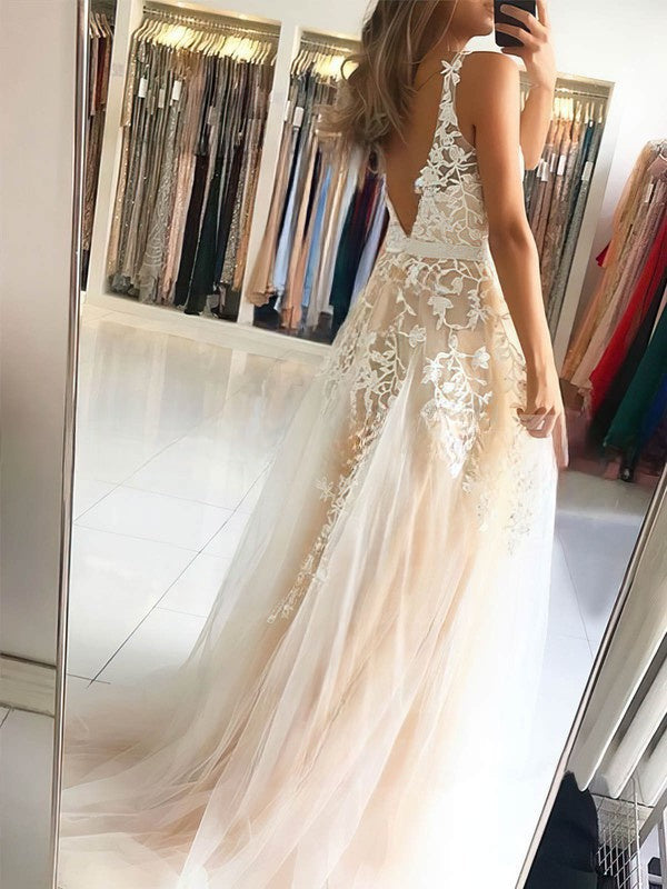 V-neck Lace Tulle Beading Prom Dresses with Princess Sweep Train Ball Gown