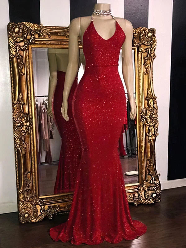 Glamorous Shimmer V-neck Trumpet/Mermaid Prom Dress with Crepe Sweep Train