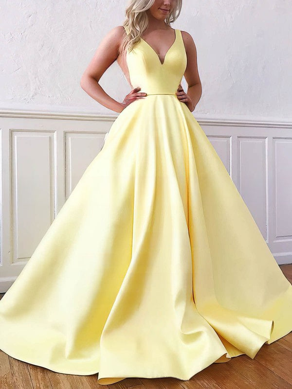 Simple V-neck Satin Prom Dress with Ball Gown/Princess Sweep Train