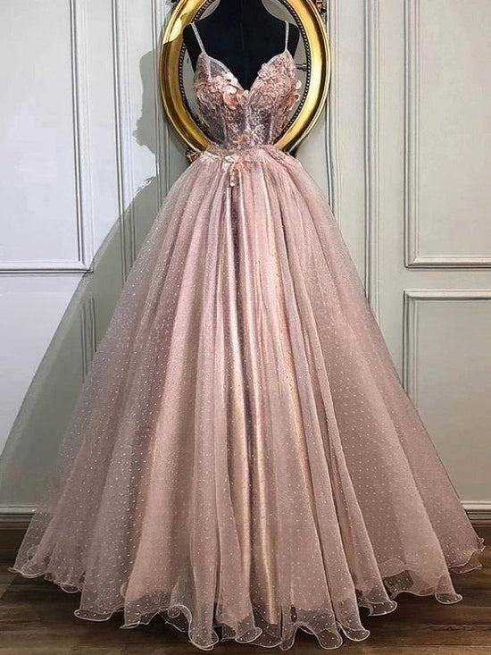 V-neck Lace Tulle Floor-length Ball Gown Prom Dress with Appliques Lace