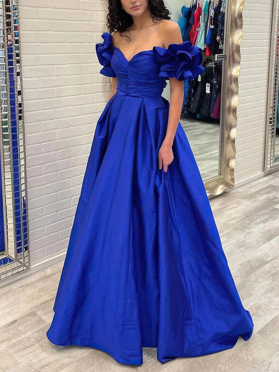 Gorgeous Ball Gown Off-the-shoulder Satin Sweep Train Ruffles Prom Dresses