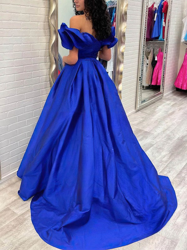 Gorgeous Ball Gown Off-the-shoulder Satin Sweep Train Ruffles Prom Dresses