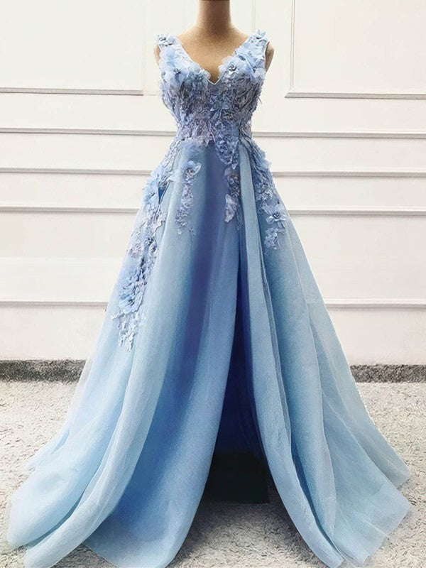 V-neck Tulle Appliques Lace Prom Dresses - Ball Gown/Princess Sweep Train