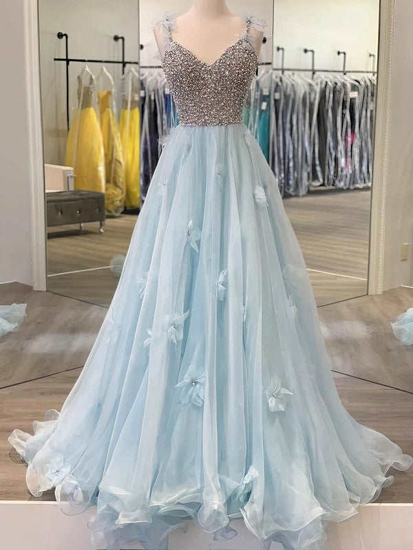 V-Neck Chiffon Prom Dress with Beading - Ball Gown Style