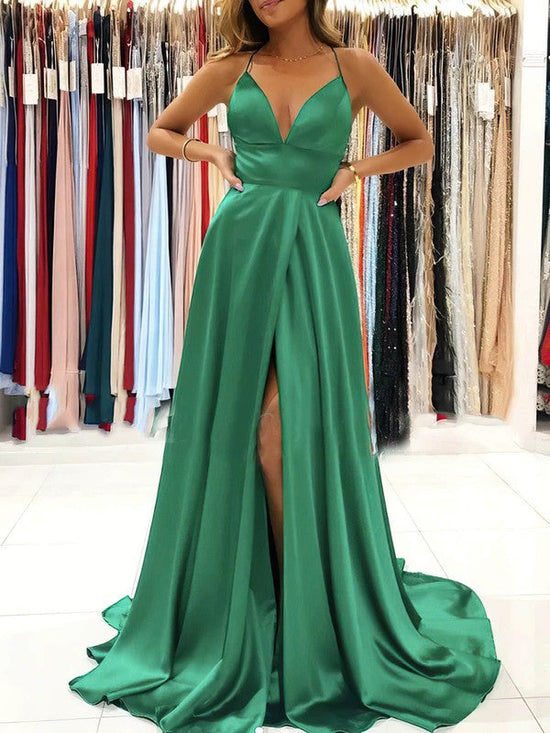 A-Line V-Neck Satin Prom Dress with Split Front & Sweep Train