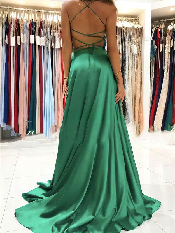 A-Line V-Neck Satin Prom Dress with Split Front & Sweep Train