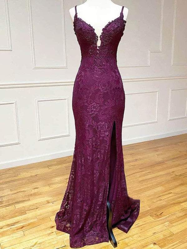 Beaded V-neck Sheath/Column Prom Dress with Lace and Sweep Train