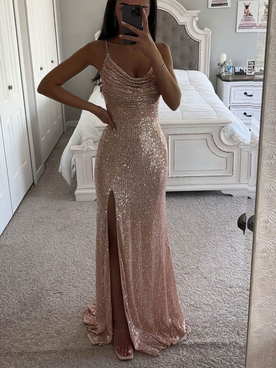 Cowl Neck Sequined Split Front Prom Dresses with Sheath/Column Sweep Train
