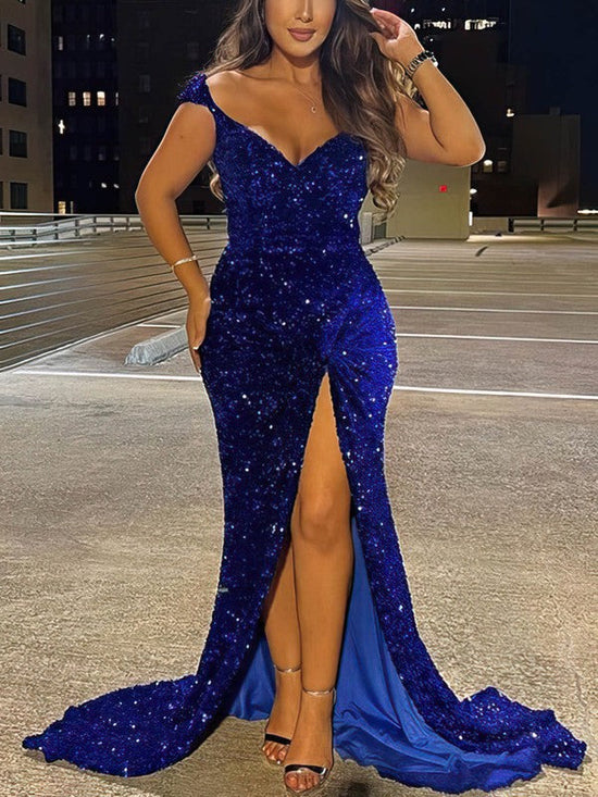 Off-the-shoulder Velvet Sequins Prom Dress with Split Front and Sweep Train
