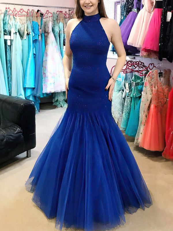 Elegant Trumpet/Mermaid High Neck Tulle Prom Dress With Beading and Sweep Train
