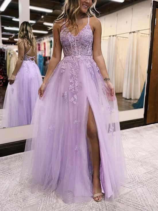 Gorgeous V-neck Tulle Ball Gown with Glitter Appliques Lace Prom Dress