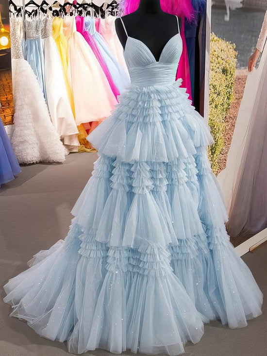 Gorgeous V-neck Tulle Glitter Ball Gown Prom Dress with Sweep Train and Tiered Skirt