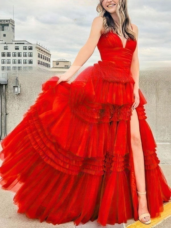 Gorgeous V-neck Tulle Glitter Ball Gown Prom Dress with Sweep Train and Tiered Skirt