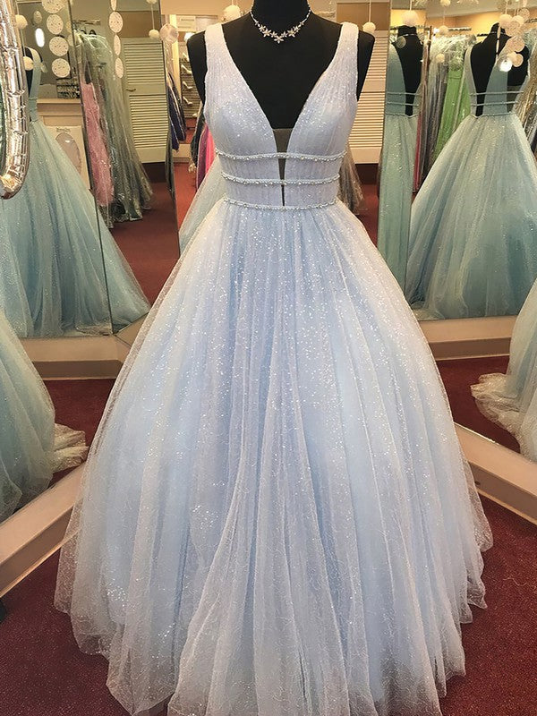 Glitter Sweep Train Sashes/Ribbons Ball Gown V-Neck Prom Dresses