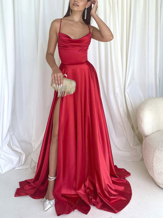 A-line Cowl Neck Prom Dresses with Split Front in Silk-like Satin and Sweep Train