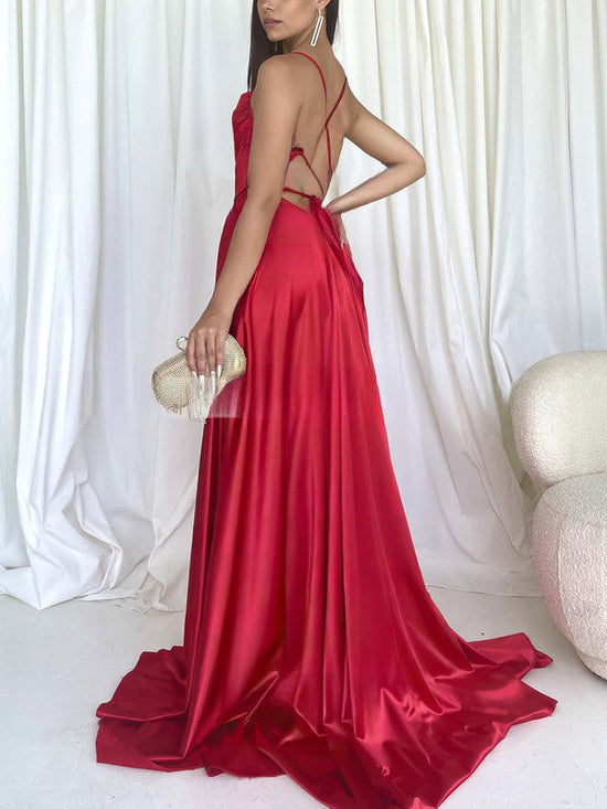 A-line Cowl Neck Prom Dresses with Split Front in Silk-like Satin and Sweep Train