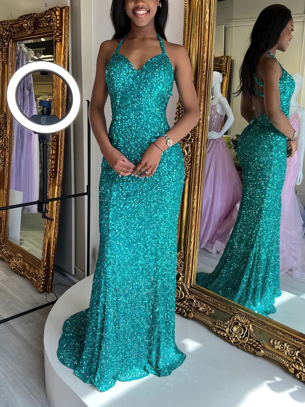 Sequined Sweep Train Prom Dresses with Sheath/Column V-neck