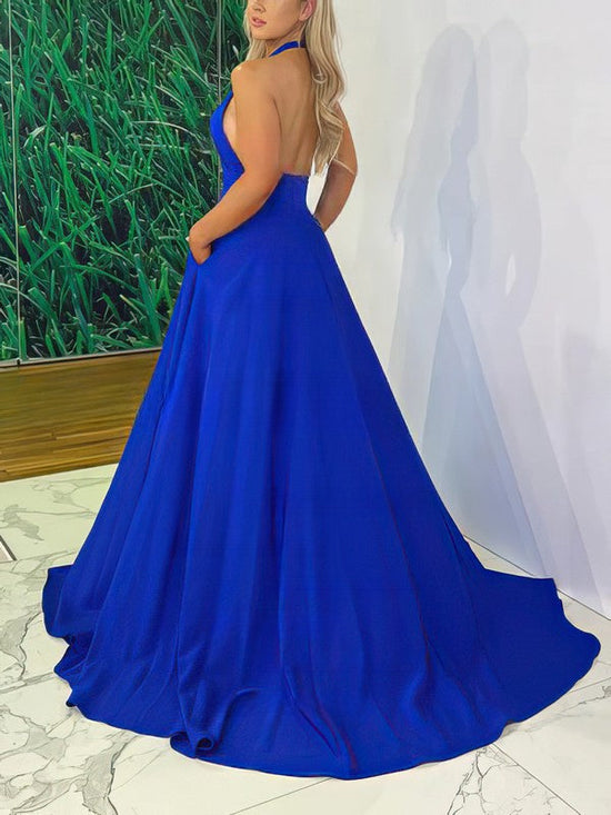 Halter Satin Prom Dress with Pockets and Sweep Train