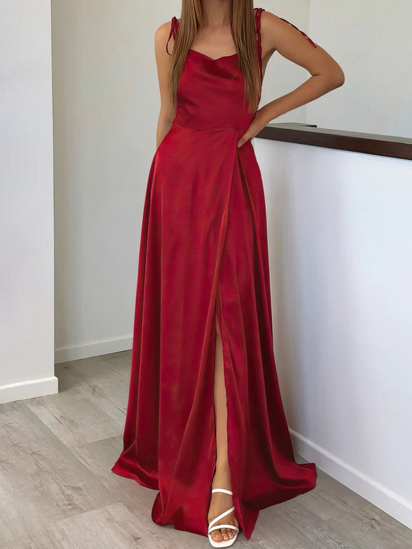 Elegant A-Line Cowl Neck Satin Prom Dress with Split Front