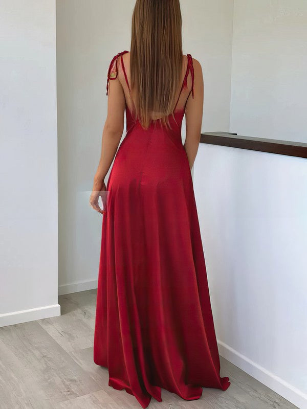 Elegant A-Line Cowl Neck Satin Prom Dress with Split Front
