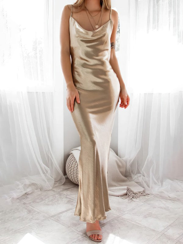 Sheath/Column Cowl Neck Silk-like Satin Ankle-length Prom Dresses
