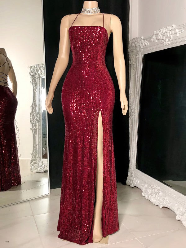 Sequined Floor-length Prom Dress with Split Front and Sheath/Column Square Neckline