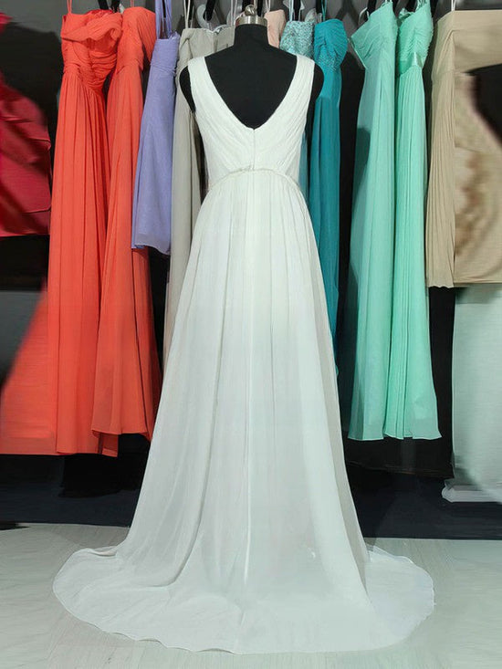 A-line V-neck Chiffon Lace Prom Dress with Sweep Train