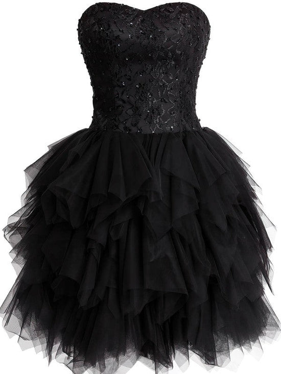 Fashionable Prom Dress - Black Sweetheart Short/Mini Tulle Lace and Tiered