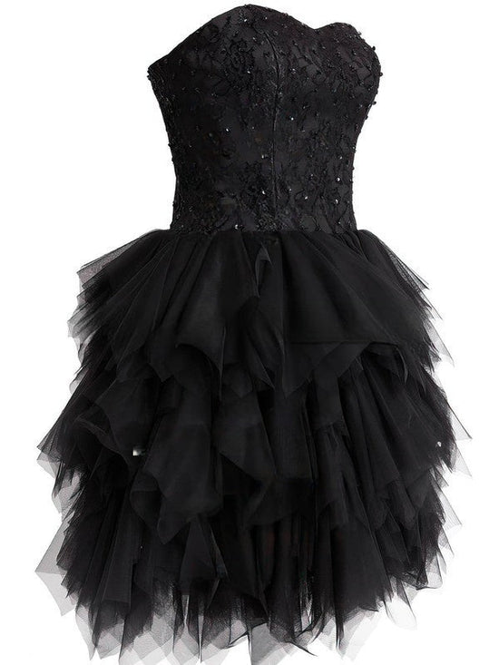 Fashionable Prom Dress - Black Sweetheart Short/Mini Tulle Lace and Tiered