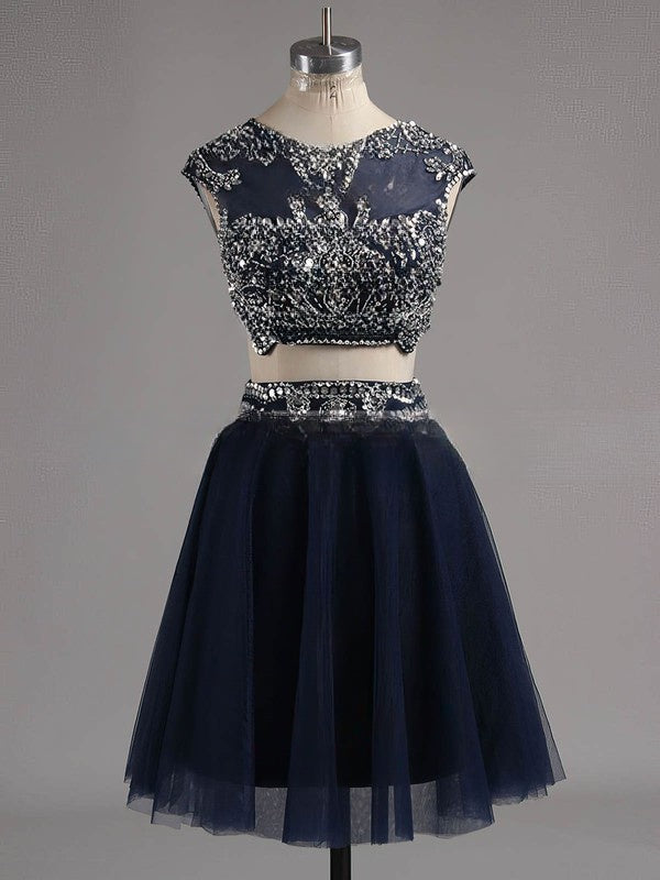 Two Piece A-line Scoop Neck Tulle Prom Dresses with Beading