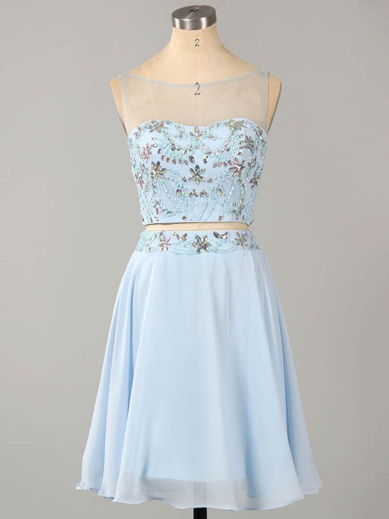 Latest Prom Dresses: Two Piece A-line Scoop Neck Chiffon Tulle Short/Mini Beading