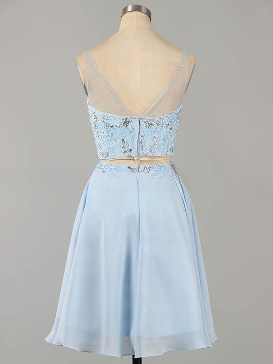 Latest Prom Dresses: Two Piece A-line Scoop Neck Chiffon Tulle Short/Mini Beading