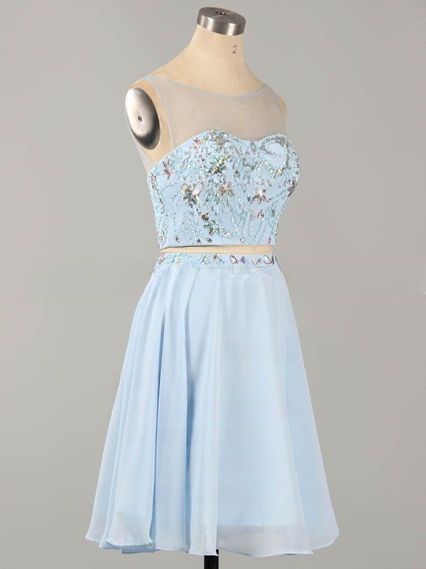 Latest Prom Dresses: Two Piece A-line Scoop Neck Chiffon Tulle Short/Mini Beading